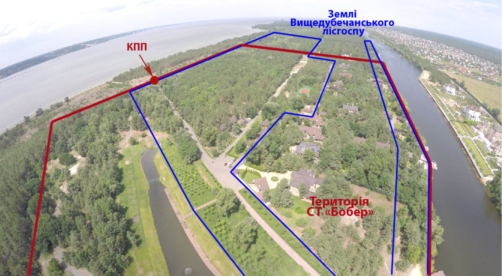 Червоним позначено територію садового товариства «Бобер», жовтим – ділянки лісгоспу