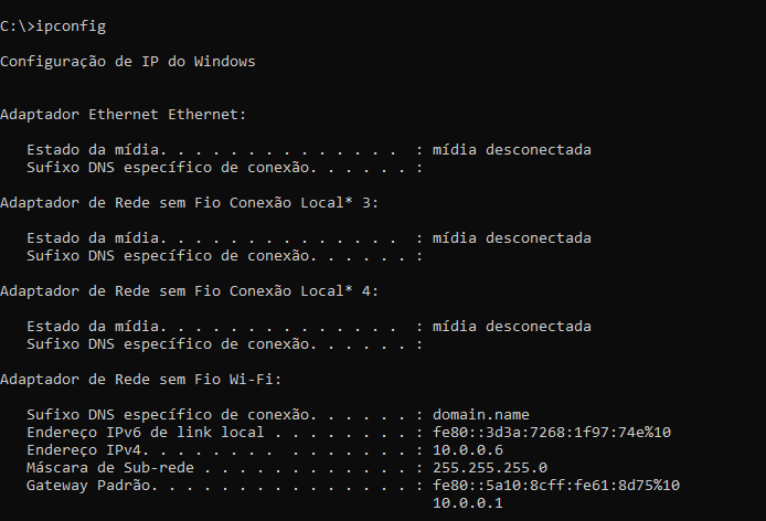 Listagem comandos cmd Ipconfig