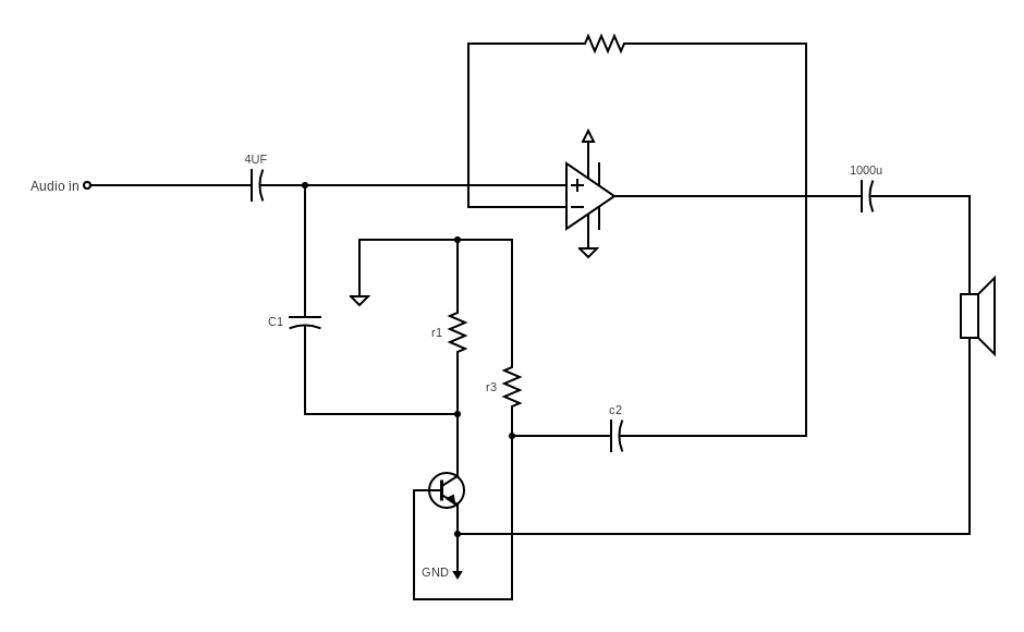 Circuit diagram of the amplifier with audio input and output