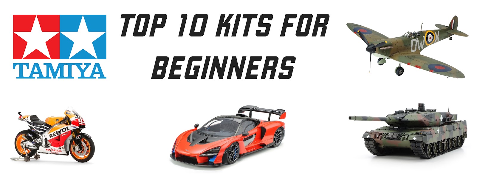 Banner showing Top 10 Tamiya Model Kits for Beginners