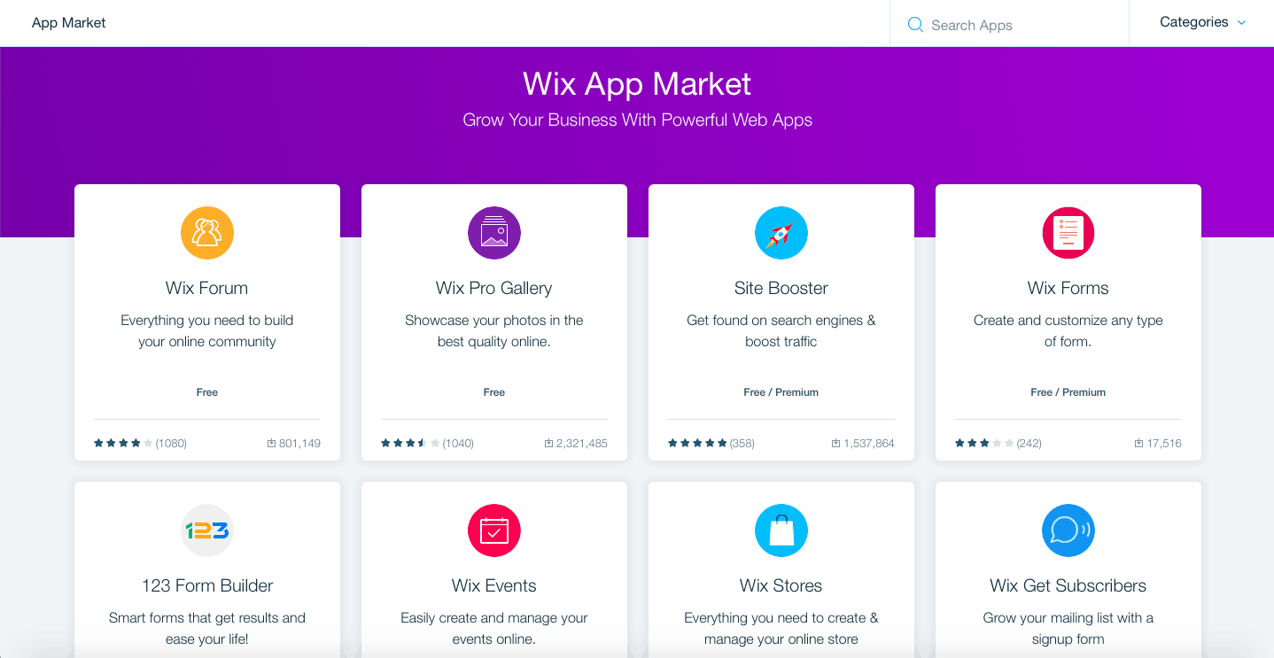 Marché des applications Wix