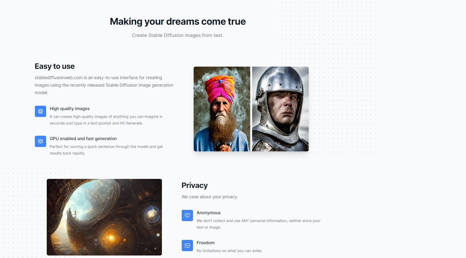 stable diffusion, website, landing page, privacy statement, easy to use description 