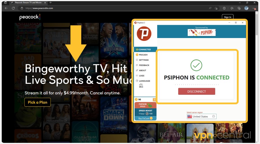 peacock tv unblocked in mexico with psiphon