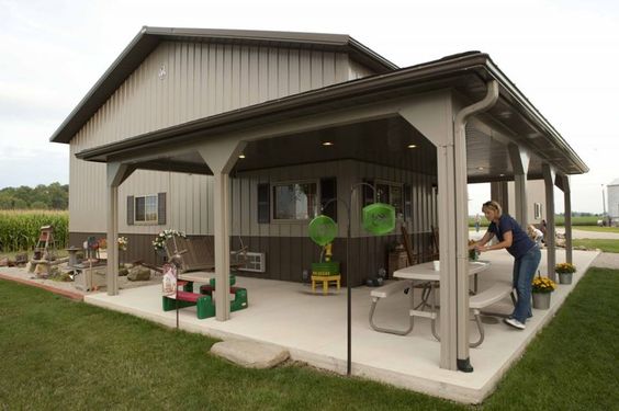 Metal building home with a patio