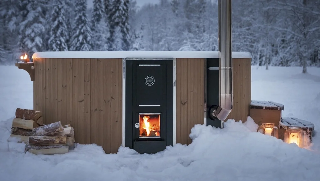 Skargards Regal wood-fired hot tub in winter.