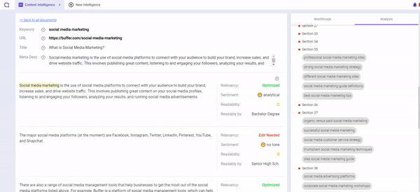 Utilisation de Content Intelligence de BiQ pour mesurer votre analyse des écarts de contenu.