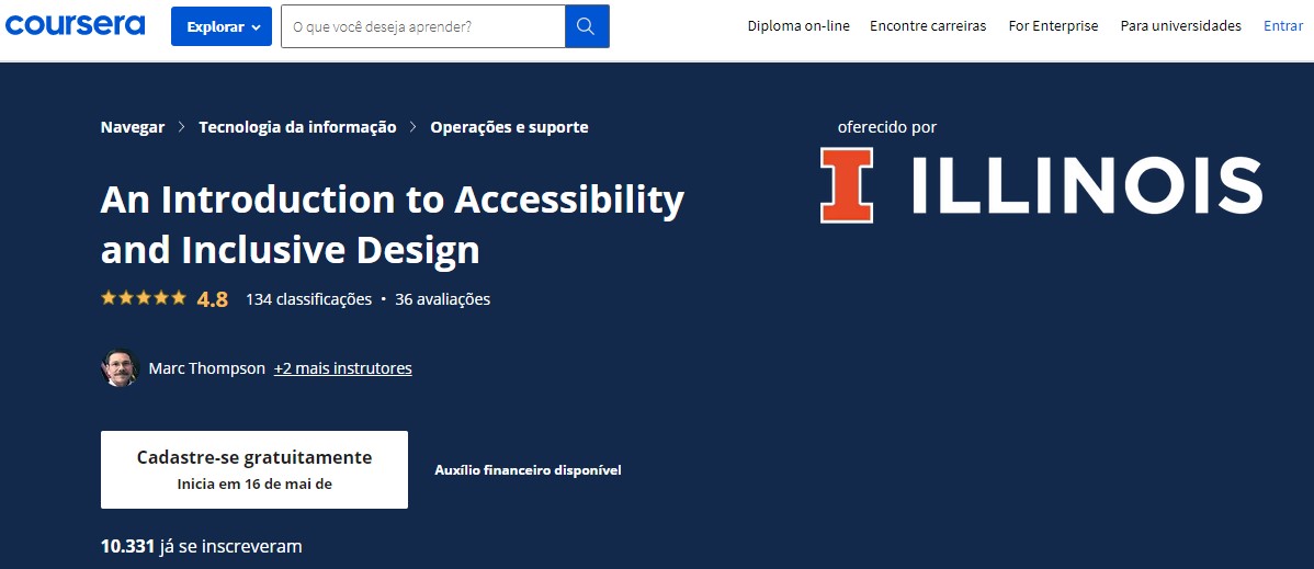 Página do curso online da Universidade de Illinois sobre acessibilidade e design inclusivo oferecido no site da Coursera