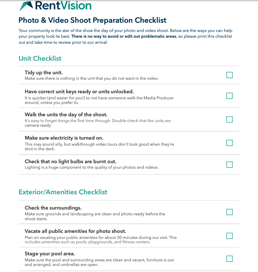 Sample of RentVision’s preparation checklist for clients prior to photo and video shoots. 