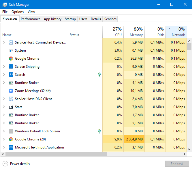 Task Manager app sorted by the Network tab.