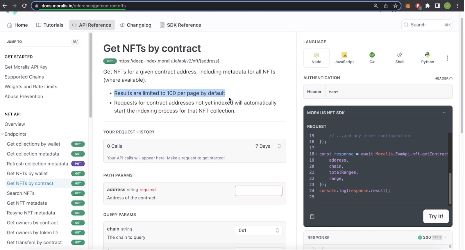 Documentation page with code snippets for the getContractNFTs endpoint to get all NFTs from contract.