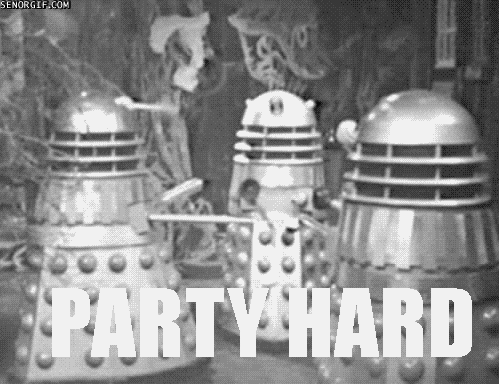 A black and white video of the Daleks, from Doctor who, rotating their antennas like they are partying.