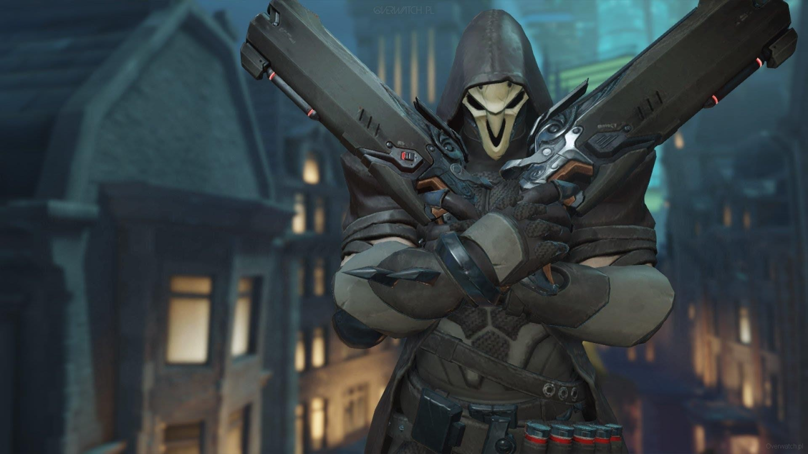 Overwatch 2 villain Reaper crosses his shotguns whilst staring menacingly at the camera from behind his mask. 