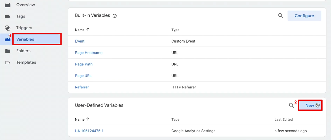 Creating a new variable from the Google Tag Manager account