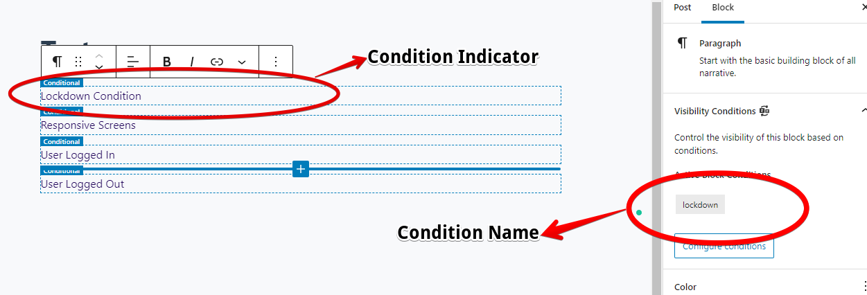 Visible indicators to easy spot applied conditions in WordPress blocks.