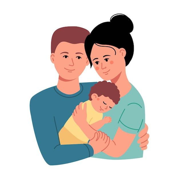 Premium Vector | A young happy couple parents hugs their newborn with care  and love father and mother family