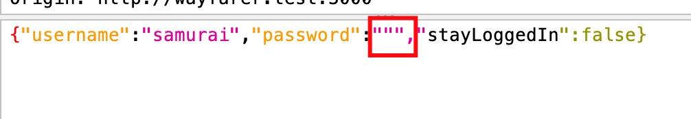 A JSON body in a request, with a malformed section due to an extra set of quotes in the password parameter.