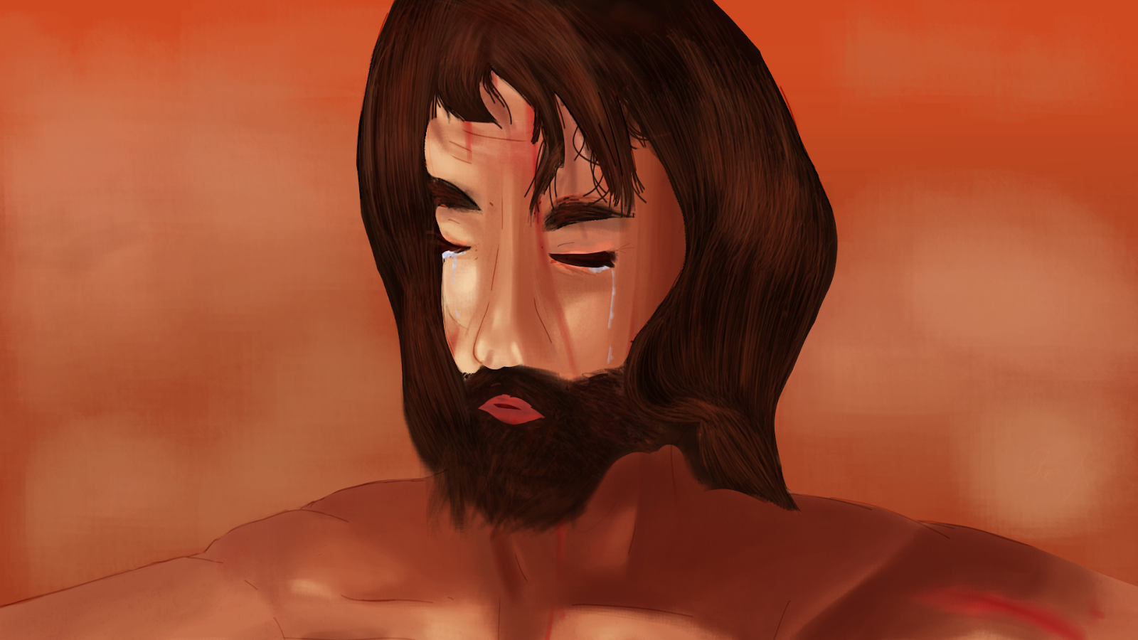 A digital painting of Jesus weeping. The colors are muted red, dusty brown, with highlights of blush tan. 