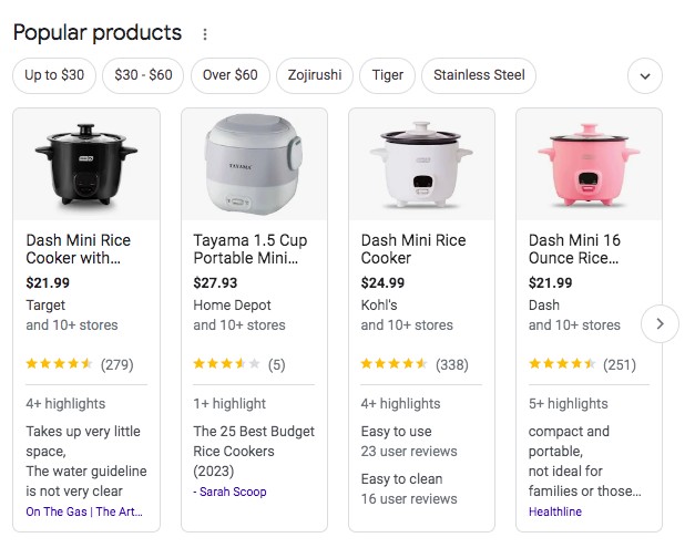 Product snippets like can achieve enriched results on Google, like in "popular products."