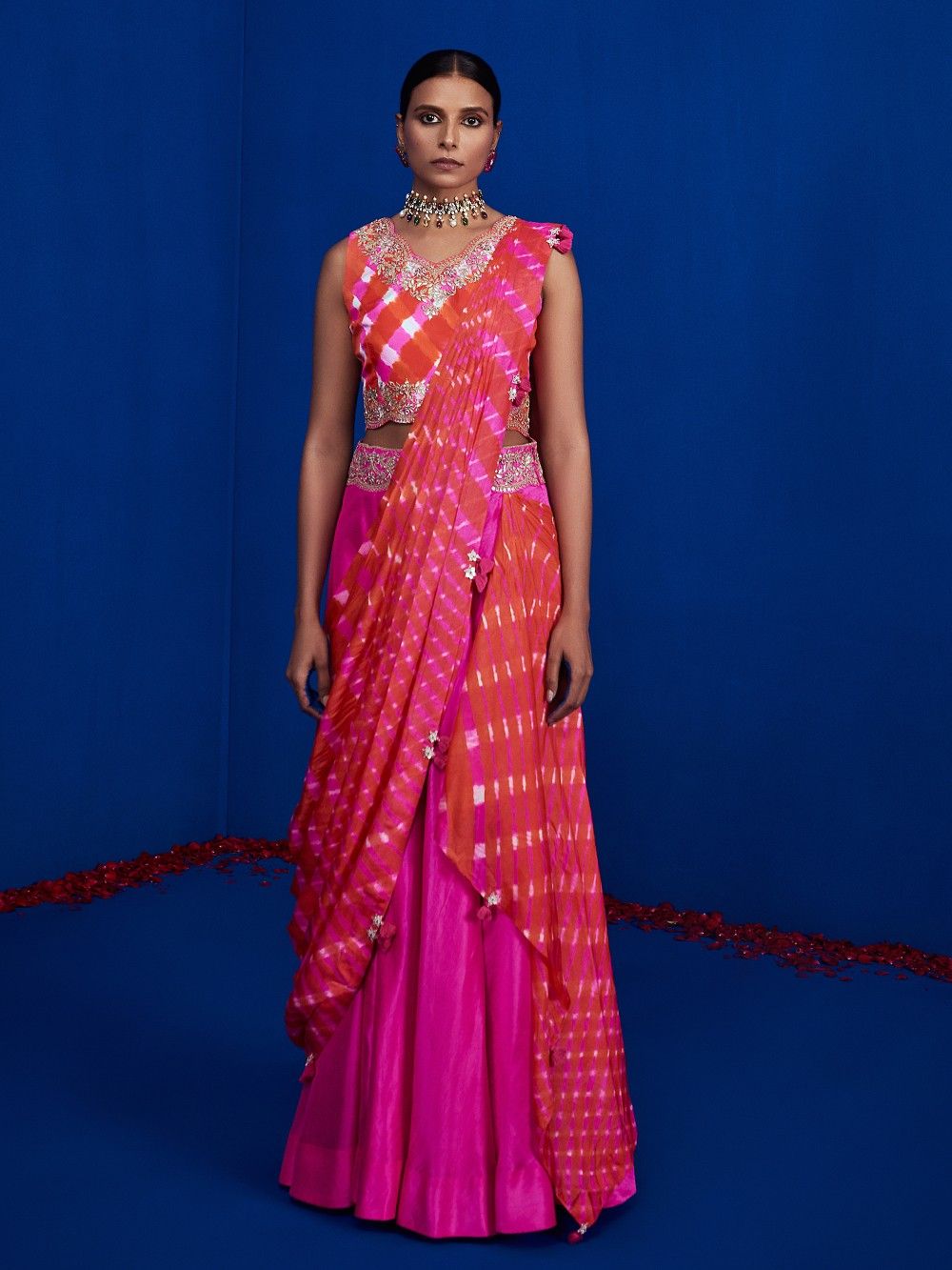 the loom - Pink Orange Leheriya Silk Lehenga Saree 