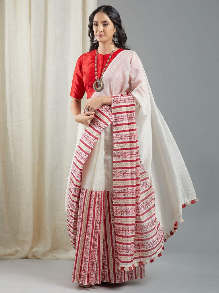 Red Handblock Print Chanderi Saree