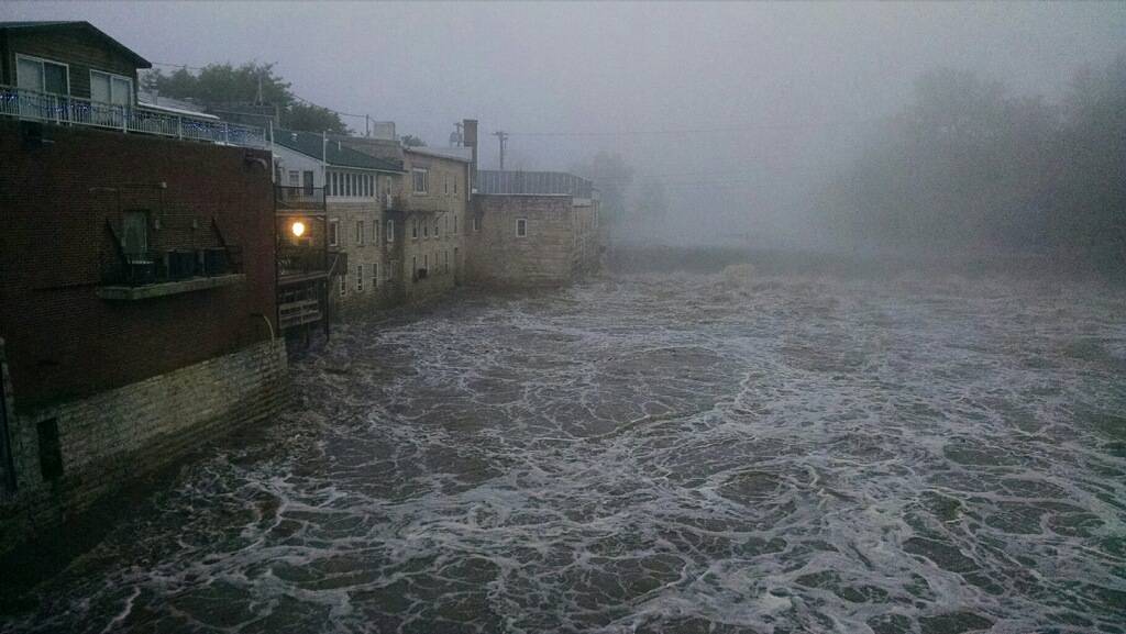 Flood swollen Turkey River in Elkader, Iowa