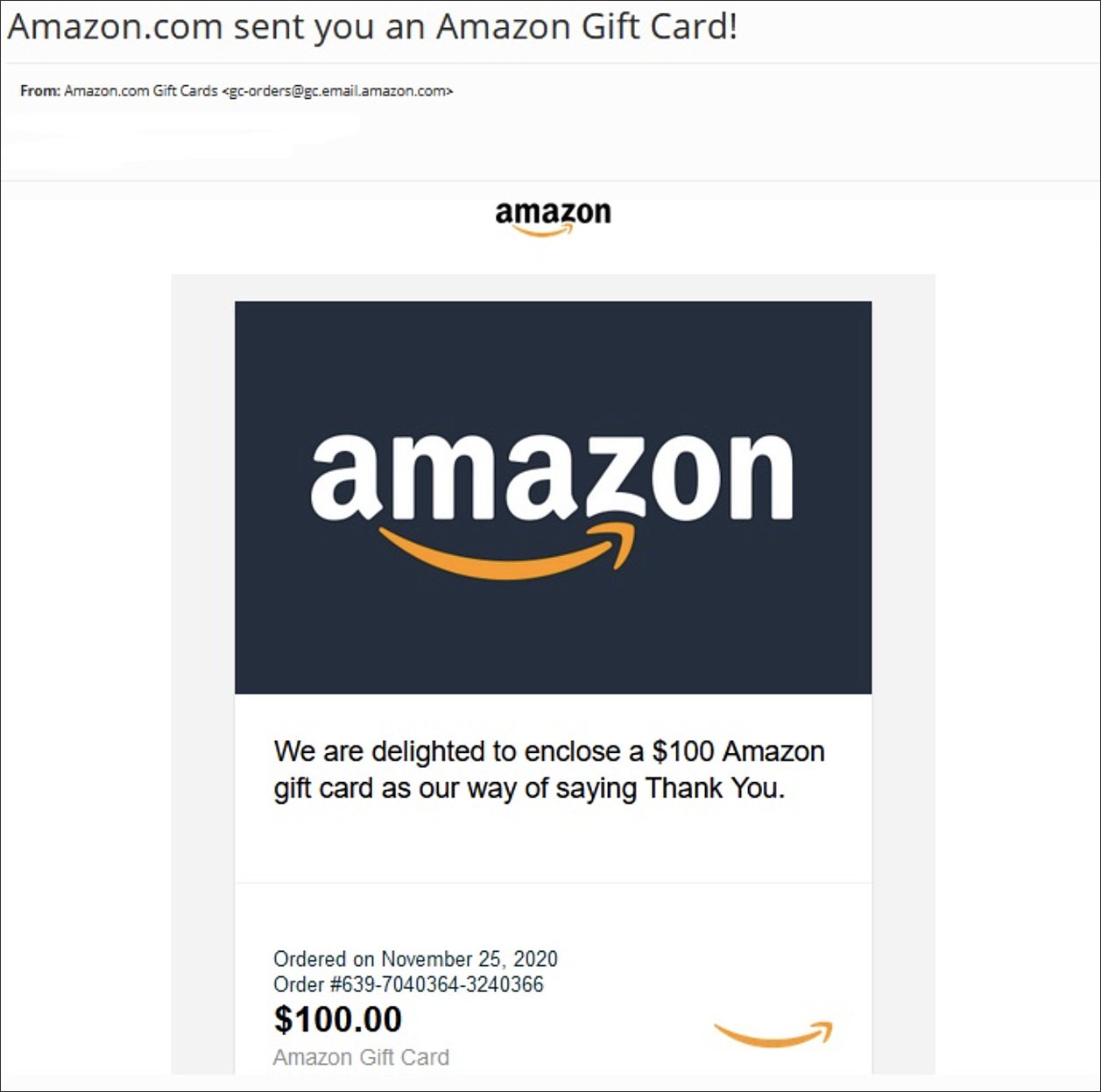 Fake Amazon Gift cards send via Phishing email SecureReading
