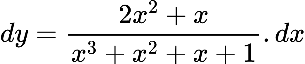 {"font":{"size":10,"color":"#000000","family":"Arial"},"type":"align*","code":"\\begin{align*}\n{dy}&={\\frac{2x^{2}+x}{x^{3}+x^{2}+x+1}.dx}\t\n\\end{align*}","id":"9-0-1-0-0","ts":1603705307789,"cs":"dKcW723FbRr3uvYjoNjvlw==","size":{"width":173,"height":36}}