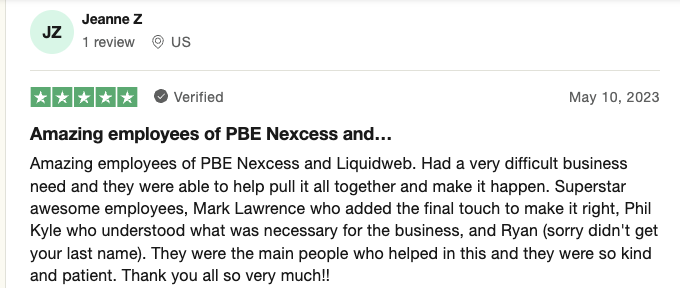 Screenshot of a review of Nexcess by Liquid Web and their brilliant customer service for WordPress issues. Reviewer Jeanne gives Nexcess by Liquid Web 5 out of 5 stars, citing their helpful employees.