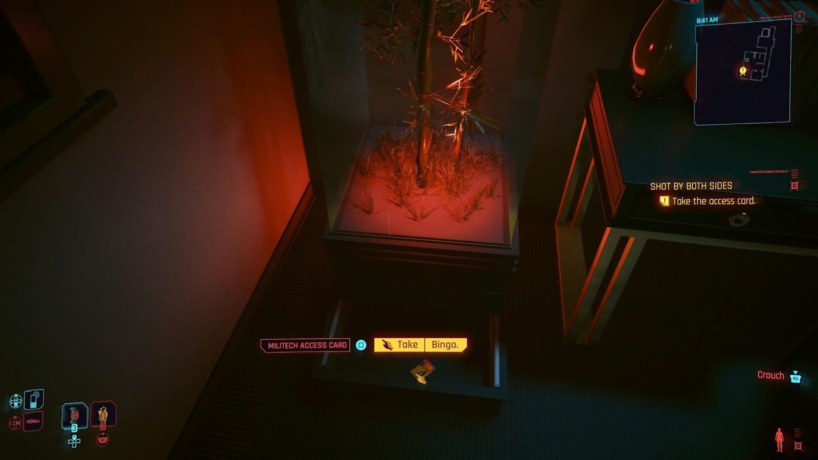 An in game screenshot of the inside of Bree's apartment from the game Cyberpunk 2077.
