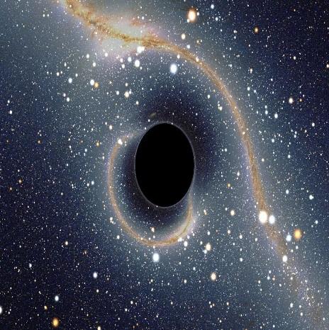 La voûte céleste, telle que la verrait un observateur situé près d’un hypothétique trou noir devant le centre de notre galaxie. À cause de la déflexion de la lumière passant près du trou noir, l’image de la Voie lactée n’est plus rectiligne. De plus, les principales constellations sont très déformées. On peut tout de même reconnaître le Sagittaire et le Scorpion, en haut à gauche, et Alpha et Bêta du Centaure, en bas à droite. Une image secondaire de toute la voûte céleste se trouve enroulée dans un cercle à proximité immédiate de la silhouette du trou noir. © Alain Riazuelo, IAP