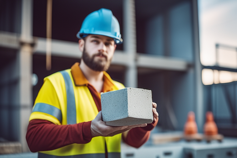 Image of a construction worker holding a block of lightweight concrete