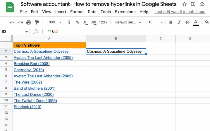 Remove hyperlinks in Google Sheets using a formula