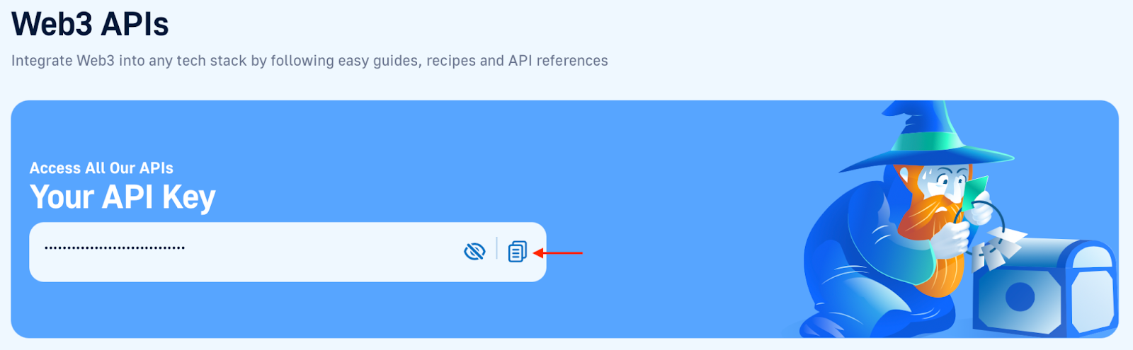 arrow pointing at the copy button for a user api key