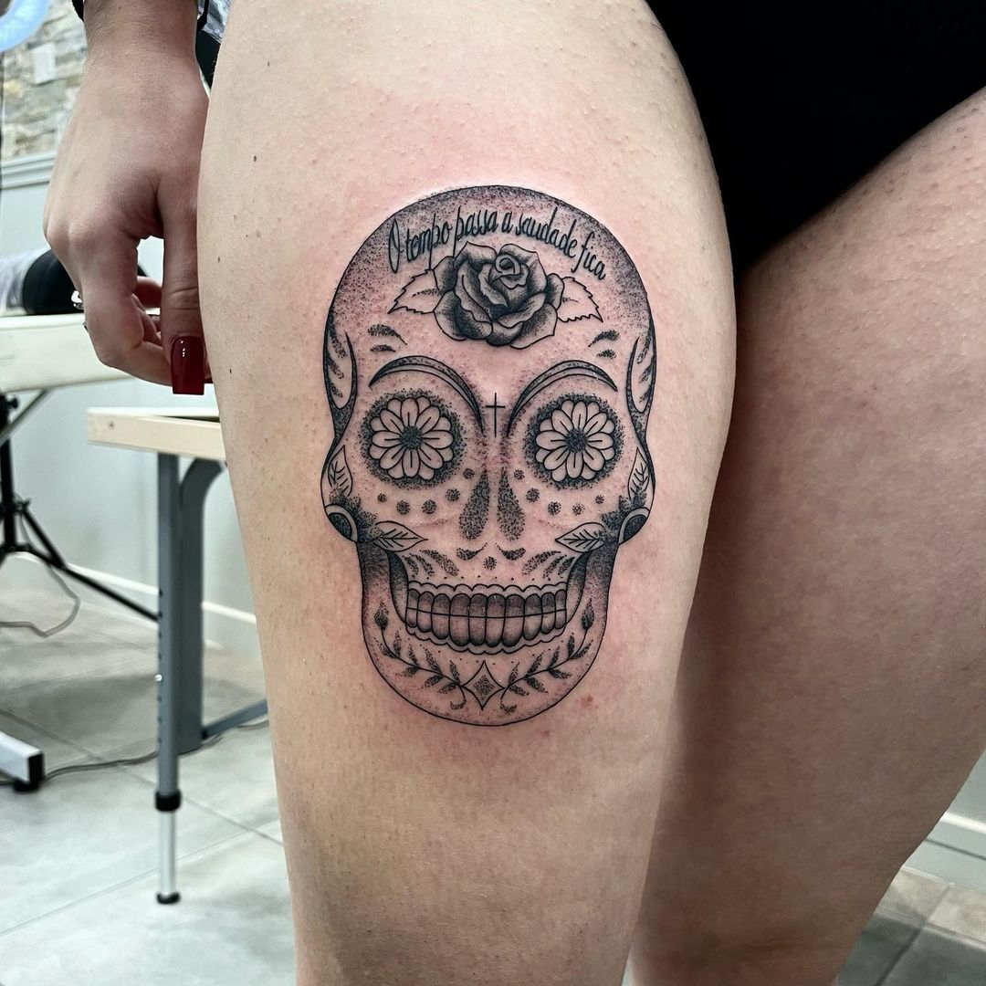 Grey Ink Mexican Skull Tattoo