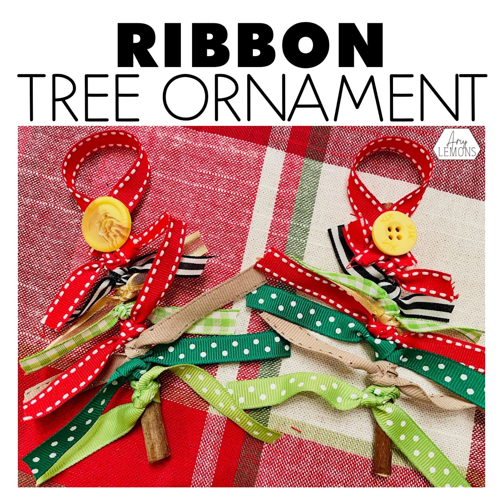Christmas tree ornament made of multiple ribbons tied in a knot.