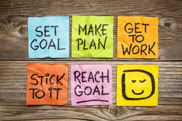Six post it notes with, Set goal, Make plan, get to work, Stick to it, reach goal and smiley face on them.

https://images.app.goo.gl/WvZsJefUiJ2Ej81r8