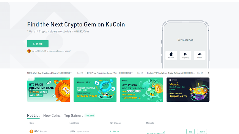 A screenshot of the KuCoin Home Page