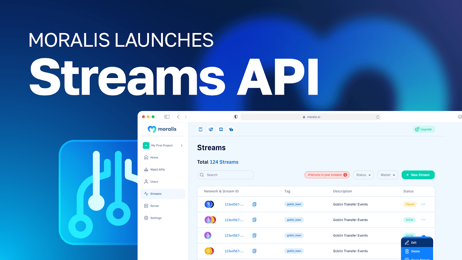 Announcement banner stating that Moralis launches its Streams API.