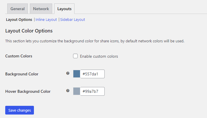 Easy Social Sharing layouts tab showing custom color options