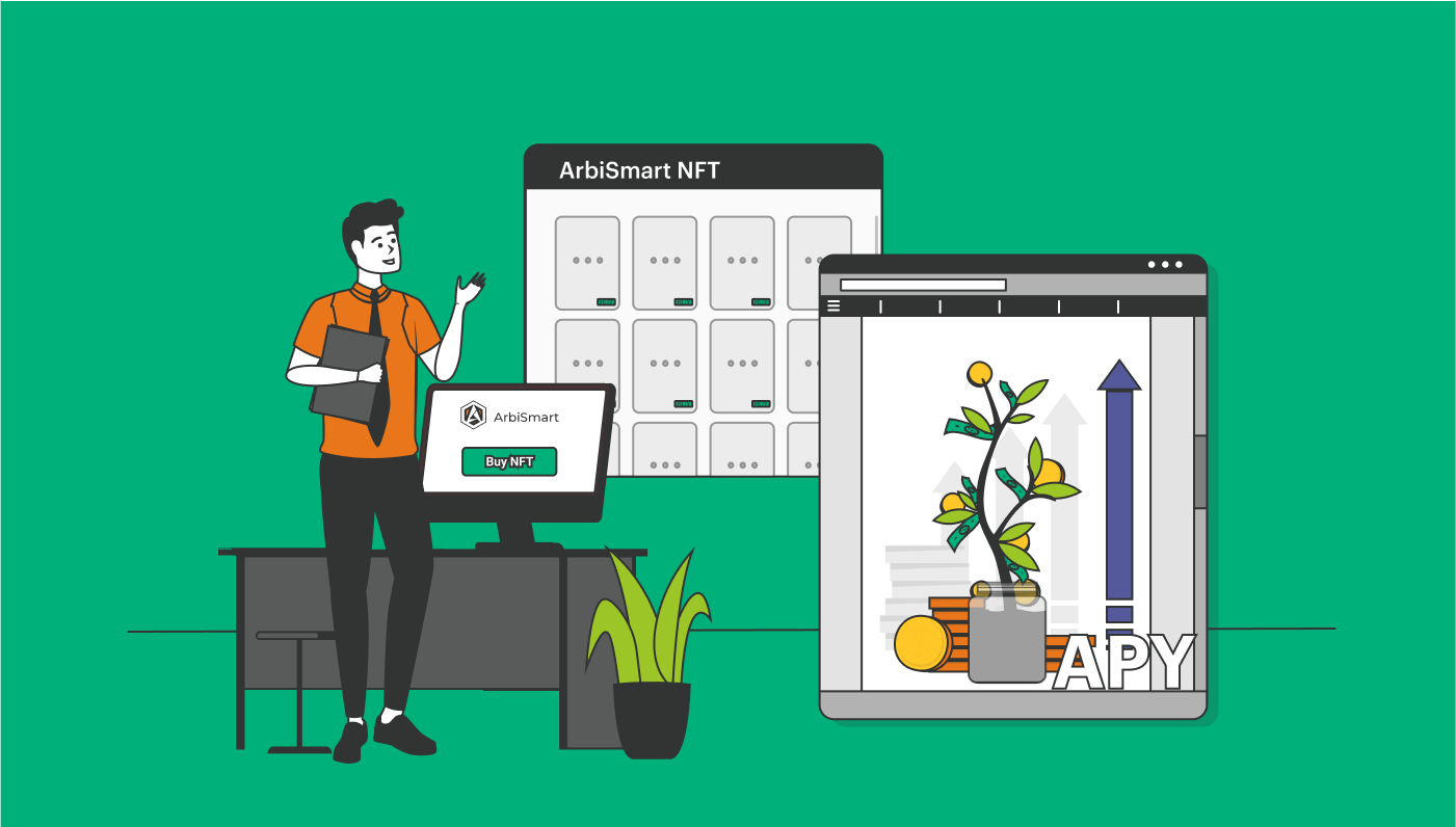 ArbiSmart NFT Dashboard graphic with a second window showing a plant growing out of a mason jar with coins and the word APY with an arrow pointing up.
