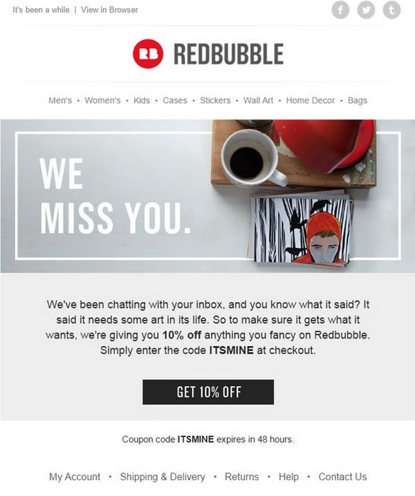 RedBubble Re-engagement email example