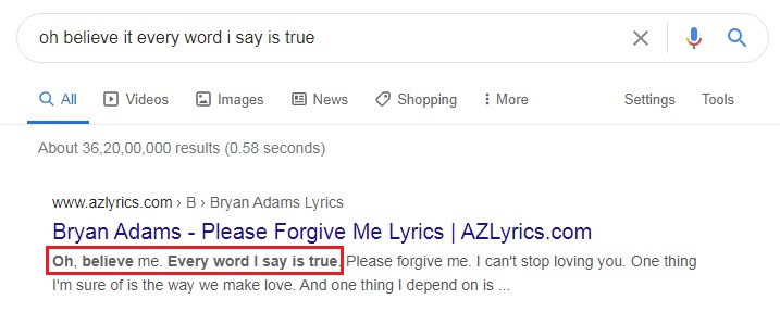 search term matching with content on website.