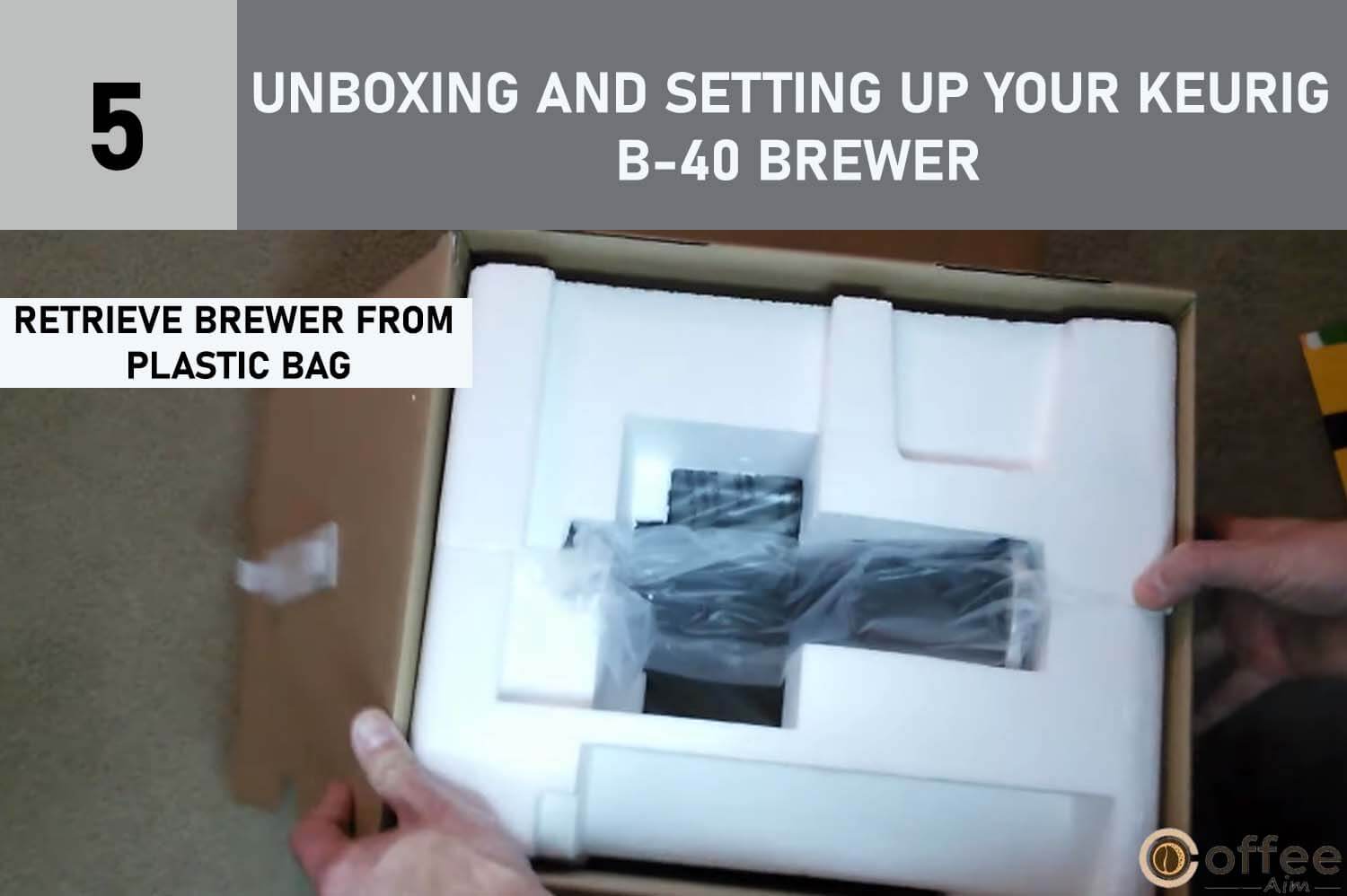 Illustrating the process of "retrieving the brewer from the protective plastic bag," this image perfectly encapsulates the initial step in the comprehensive guide titled "Unboxing and Setting Up Your Keurig B-40 Brewer.