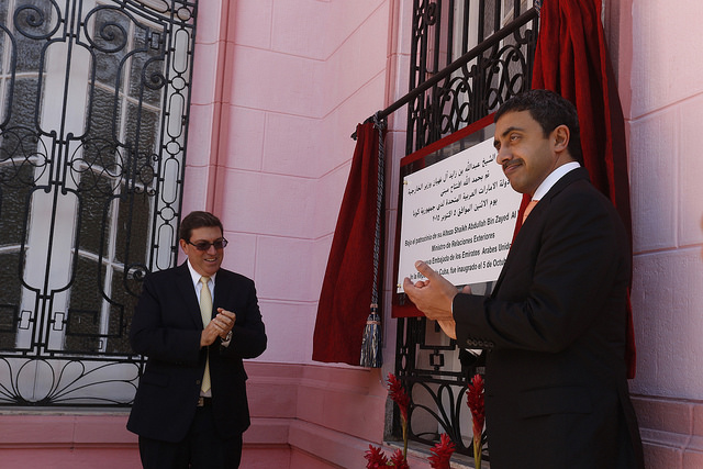 The United Arab Emirates foreign minister, Abdullah bin Zayed al Nayhan, unveils a plaque commemorating the official opening in Havana of the new UAE embassy, together with his opposite number in Cuba, Bruno Rodríguez. Credit: Jorge Luis Baños/IPS