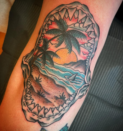 Shark Jaw Palm Tree Tattoo