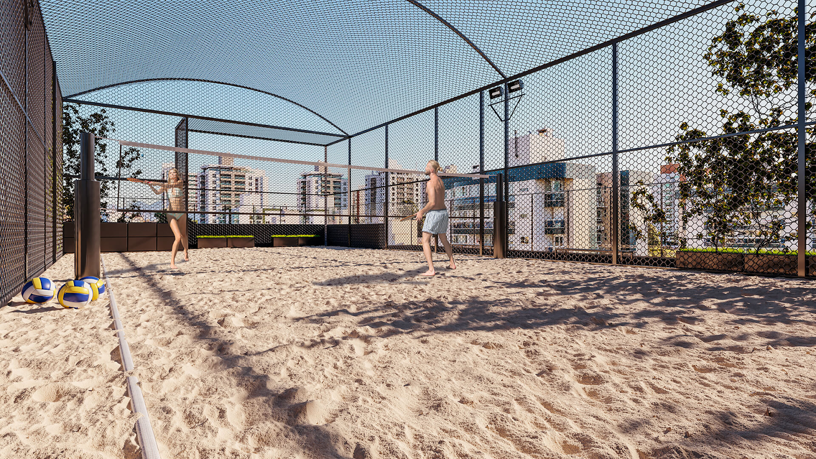Casal jogando vôlei na quadra de areia do D/Nex mostra a qualidade de vida que os bairros de Florianópolis proporcionam