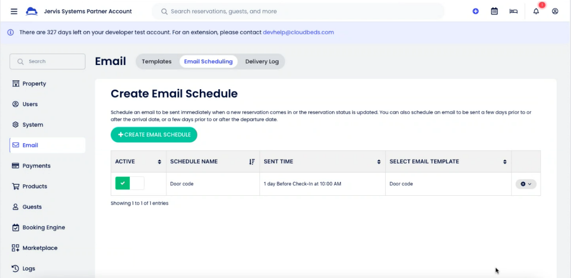 screenshot of scheduled email in cloudbeds settings