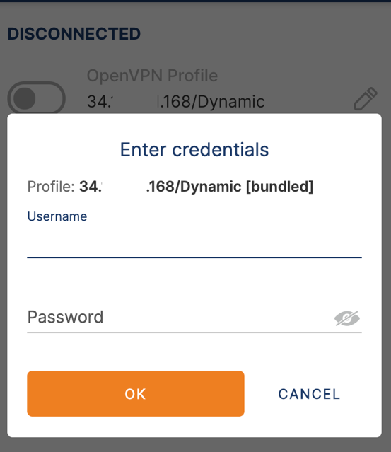 A screenshot of the OpenVPN Connect interface showing its login window.