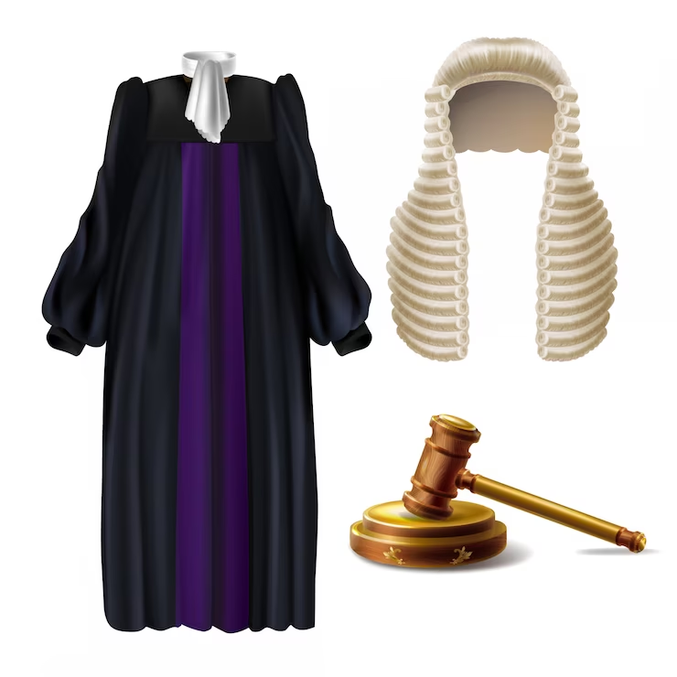 Judge in ceremonial clothing with a wooden gavel.
