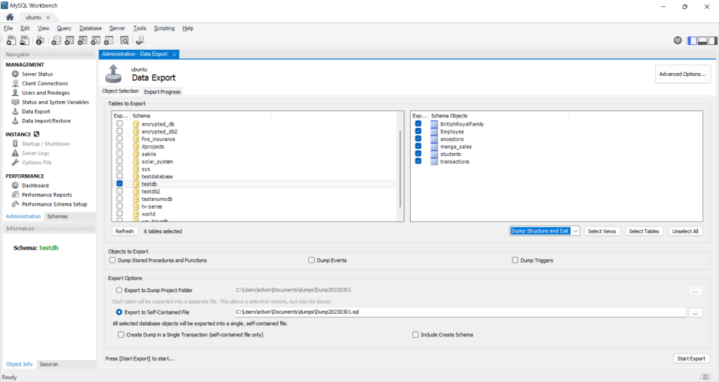 The Data Export in MySQL Workbench. This is used for backups and data exports.